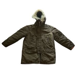 1980s Vintage Arctic Parka Olive Green Fur Trimmed Hooded Heavy Flying Jacket L